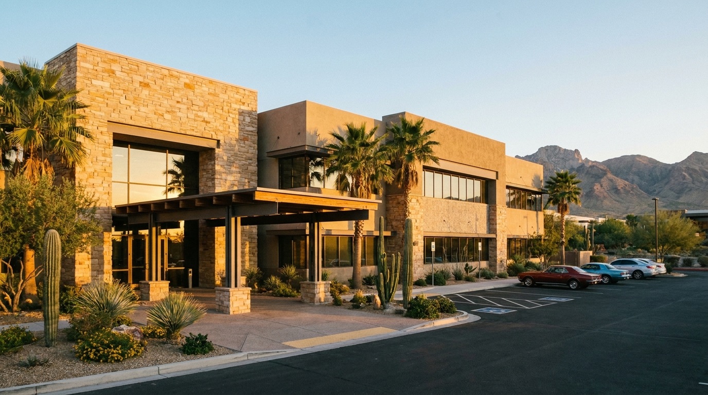 Modern Nevada commercial building at golden hour