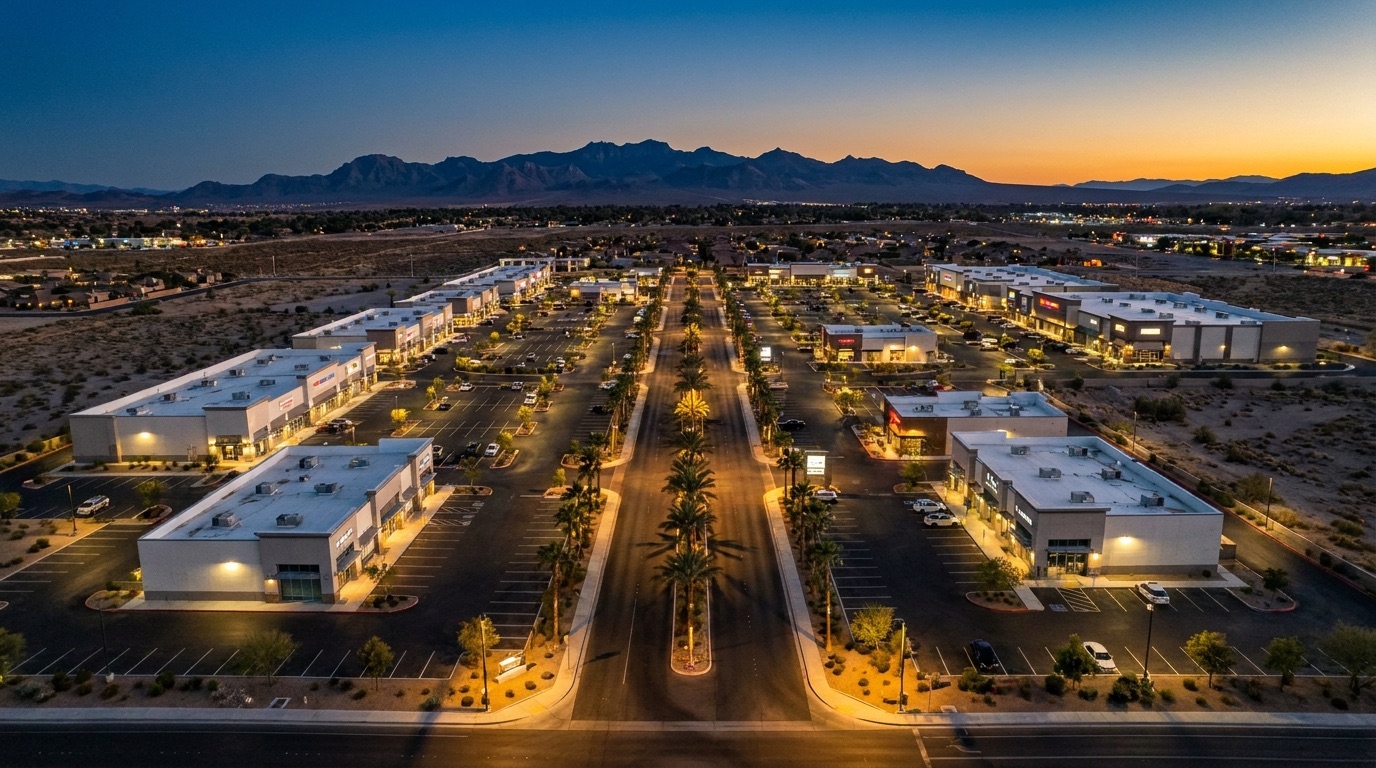 Aerial of a Nevada commercial district at dusk with mountains behind