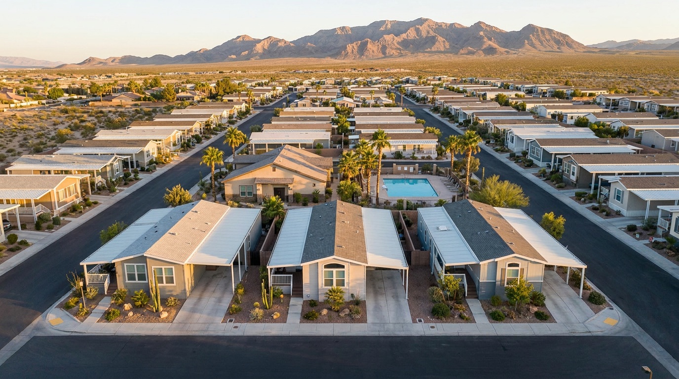 Nevada manufactured-home community and RV park at golden hour